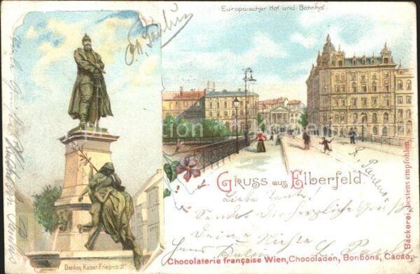Elberfeld Wuppertal Europaeischer Hof Bahnhof Denkmal Kaiser Friedrich III Litho