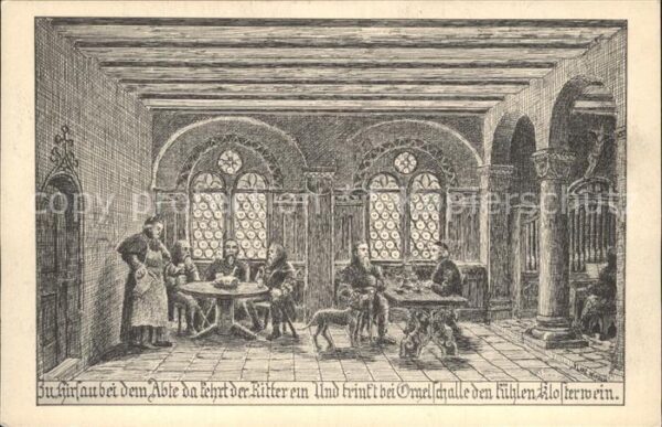 Hirsau Kloster Ritter beim Abt Klosterwein Zeichnung Kuenstler J. Luz