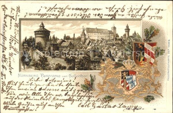 Nuernberg Panorama vom Hallertor Turm Wappen Krone