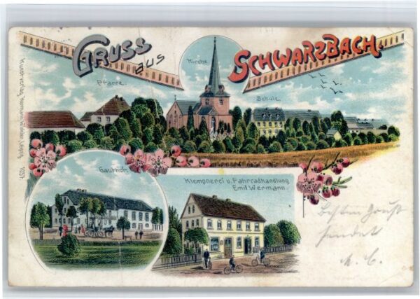 Schwarzbach Ruhland Gasthof Klempnerei Kirche Schule Litho