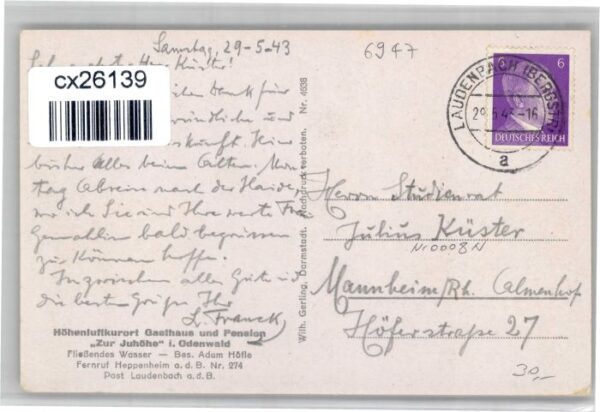 Laudenbach Bergstrasse [Stempelabschlag] Gasthaus Pension zur Juhoehe – Bild 2