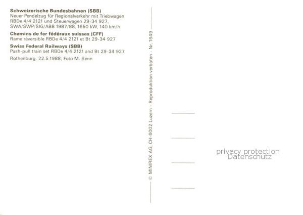 Eisenbahn Railway Chemin de Fer SBB Regionalverkehr Triebwagen RBDe 4/4 2121 – Bild 2