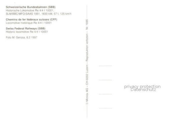 Eisenbahn Railway Chemin de Fer SBB Lokomotive Re 4/4 I 10001 – Bild 2