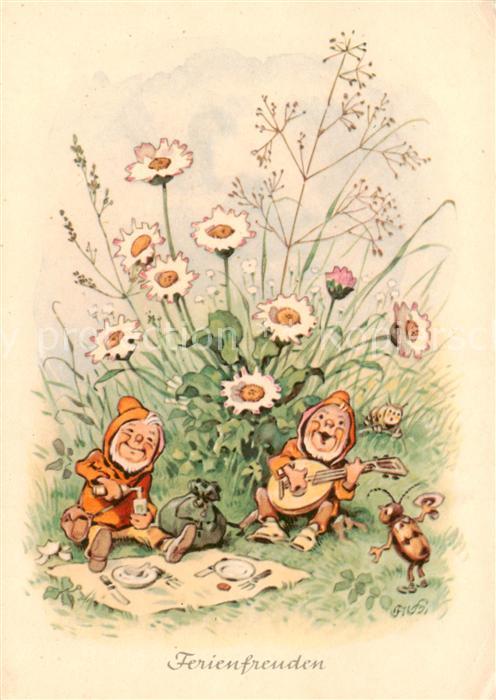 Zwerge Dwarfs Nains Ferienfreunde Litho