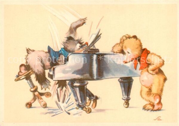 Vermenschlicht Baer Hund Klavier litho