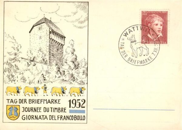 Briefmarken auf Postkarte Tag der Briefmarke Wattwil