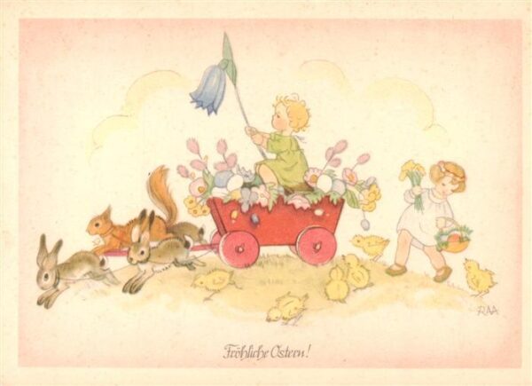 Ostern Easter Paques Pasqua E.B.D. Nr. 4022 Hasen Kutsche Bluemen Kinder Litho