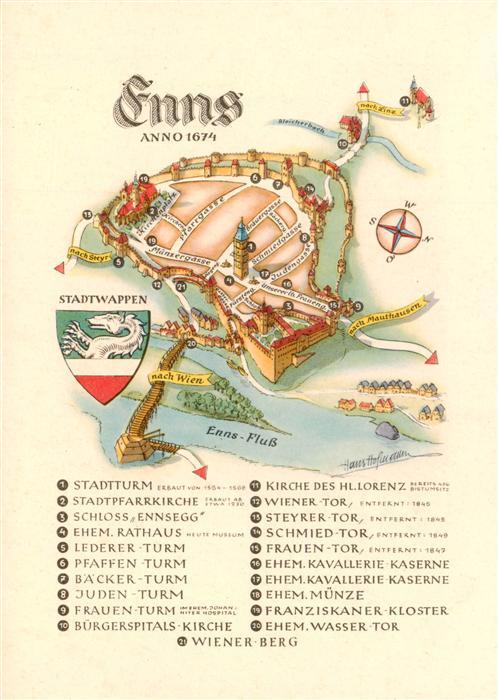 Enns Oberoesterreich AT Stadtmodell von 1674 Stadtwappen