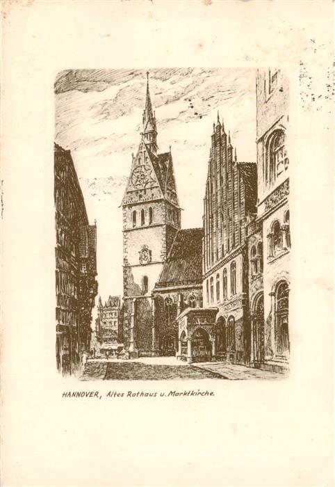 Hannover Altes Rathaus und Marktkirche Zeichnung Kuenstlerkarte