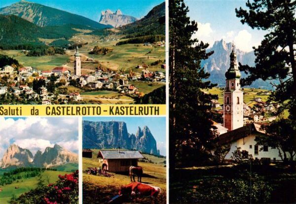 Castelrotto  Kastelruth Suedtirol IT Gesamtansicht mit Dolomiten Almvieh Kirche