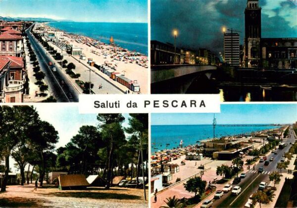 Pescara Abruzzo IT Kuestenpanorama Strand Campingplatz Stadtzentrum Bruecke Nach