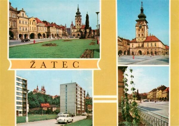 Zatec Saaz CZ Ortsansichten Kirche Strassenpartie