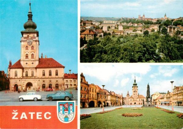 Zatec Saaz CZ Kirche Panorama Stadtplatz