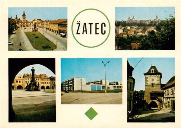 Zatec Saaz CZ Namesti VRSR Celkovy pohled na mesto Morovy sloup Nove sidliste Zo