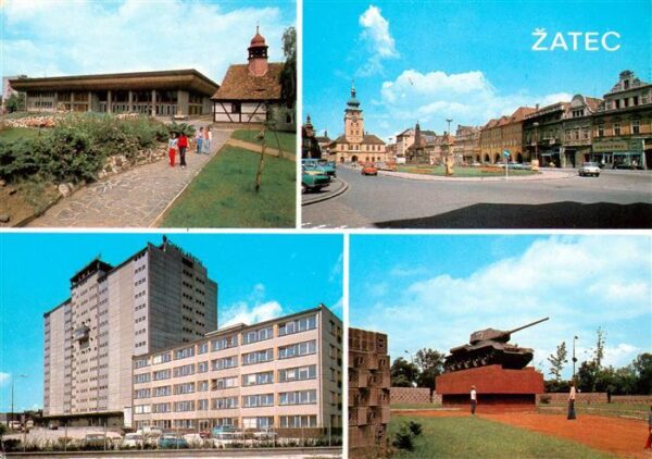 Zatec Saaz CZ Kulturni dum Moskva Namesti VRSR Sklad chele Pomnik sovetskych tan