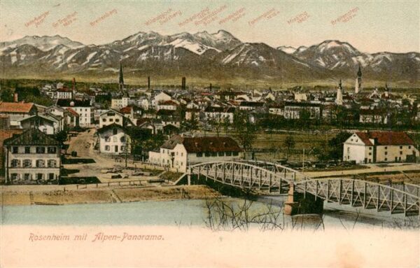 Rosenheim  Bayern Stadtbild mit Eisenbahnbruecke Inn Alpenpanorama