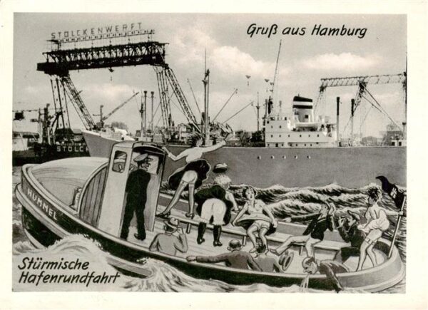 Hamburg Stuermische Hafenrundfahrt Werft Kuenstlerkarte
