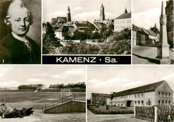 Kamenz Sachsen Lessing oelgemaelde Teilansicht Postmeilensaeule Stadion der Juge