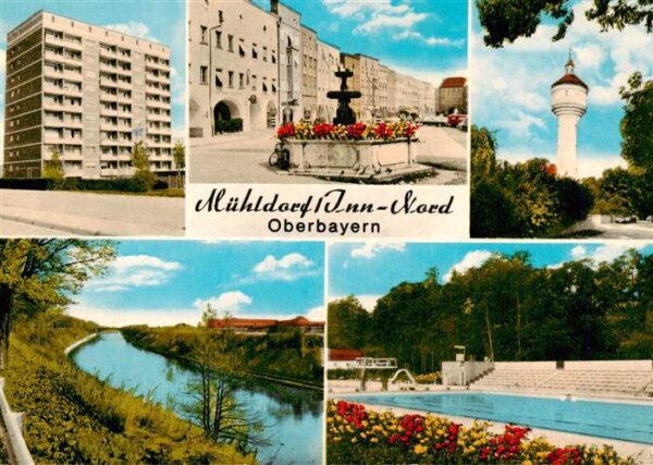 Muehldorf  Inn Hochhaeuser Brunnen Wasserturm Innpartie Schwimmbad