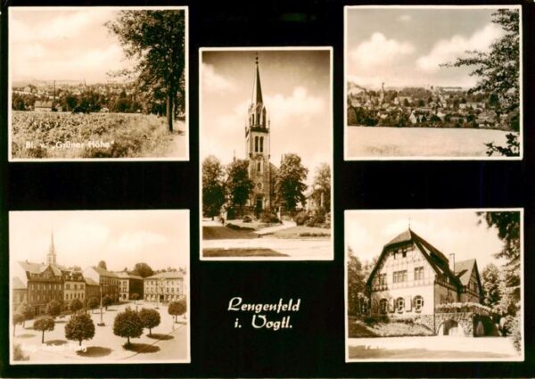 Lengenfeld  Vogtland Panorama von Gruener Hoehe Kirche Aug Bebel Platz Parkhotel