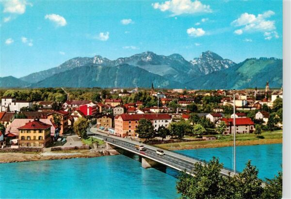 Rosenheim  Bayern Innbruecke mit Wendelsteingebirge