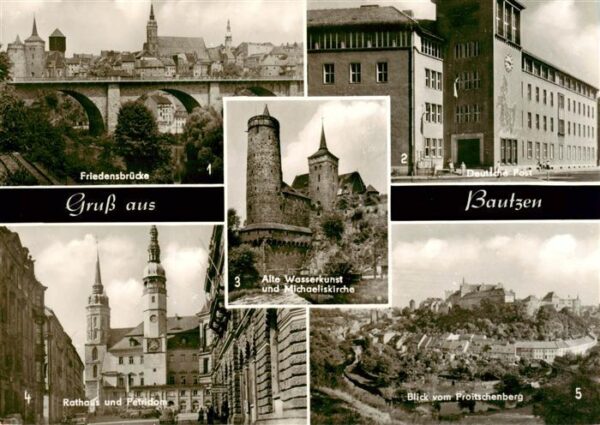 Bautzen Friedensbruecke Deutsche Post Rathaus und Petridom Alte Wasserkunst und