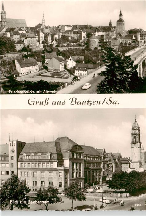 Bautzen Friedensbruecke mit Altstadt Blick zum Reichenturm