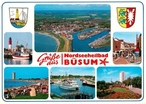 Buesum Nordseebad Fliegeraufnahme Hafen Fussgaengerzone Strandpartie Park Faehre